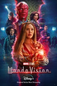 (Center Front) Elizabeth Olsen as Wanda Maximoff, (center back) Paul Bettany as Vision, (top left) Kat Dennings as Darcy Lewis, (bottom-left) Teyonah Parris as Monica Rambeau , (top-right) Kathryn Hahn as Agnes/Agatha, (bottom-right) Randall Park as Jimmy Woo. Image Source: IMDB.com