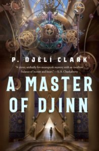  A Master of Djinn Cover. A temple with gears on the ceiling. A woman walkin toward a doorway underneath. Source: Reenchantmentoftheworld.blog