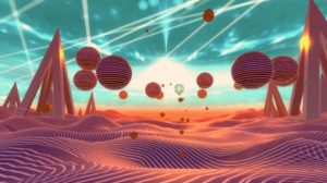 A desert landscape with floating spheres and triangular spires. Image source: voicesofvr.com