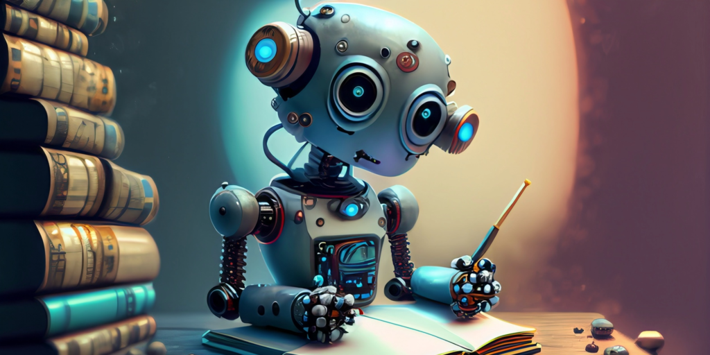 Image of a robot writing, generated by the Firefly AI image generator from Adobe Express. Adobe only trains their AI on fully licensed images, and pays artists when their work is used for training and inspiration.