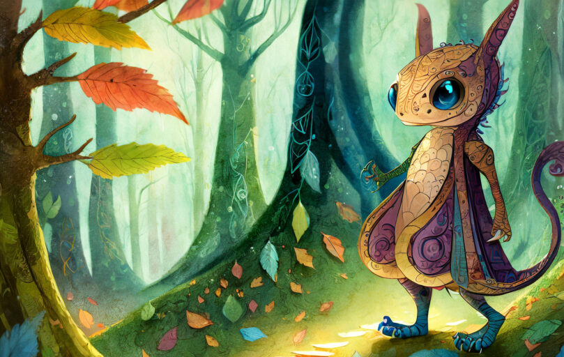 AI-gen image (Adobe Firefly) features a magical creature that is scaly but had rodent-like ears. The creature walks through a magical forest on a path made of books.