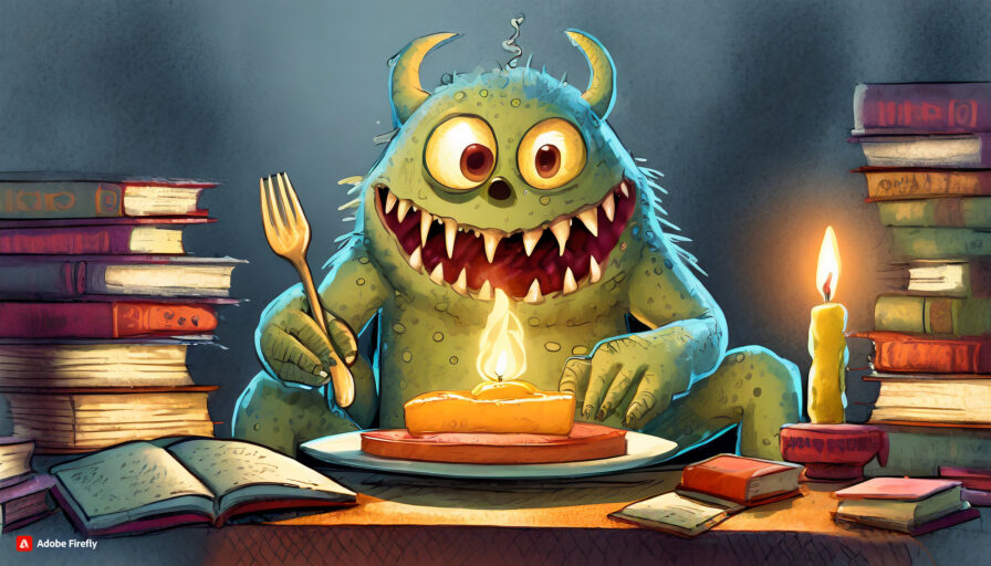 AI-Gen monster with horns is surrounded by books while eating a meal by candlelight