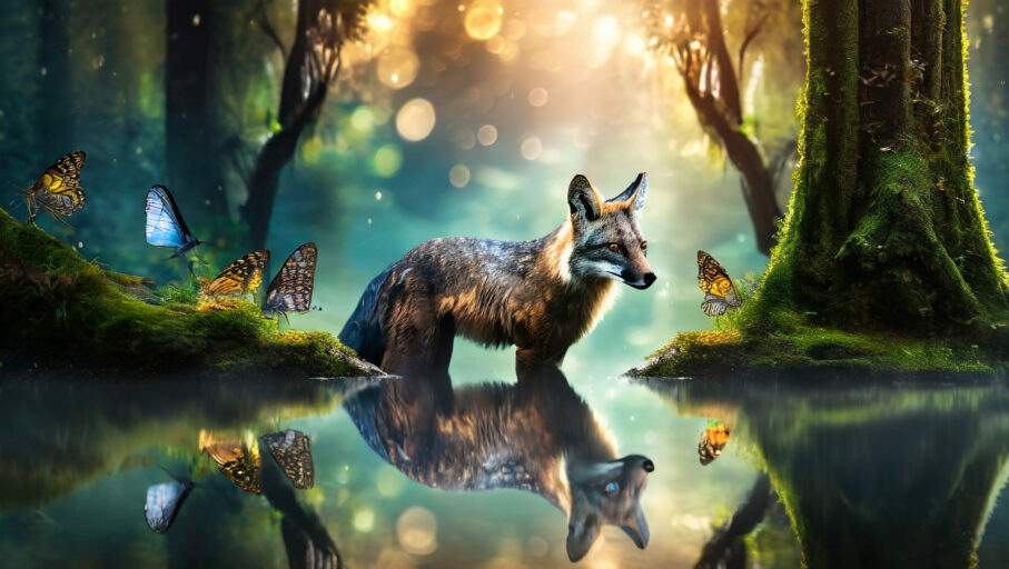 A fox stands in a fantasy forest surrounded by butterflies near a pond but the fox, arrested by his own reflection in the water, is unable to cross.